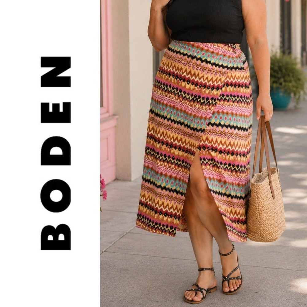 Boden,‎ Side Split Jersey Midi Skirt Pink Ikat Chevron Faux Wrap Size 20 2XL